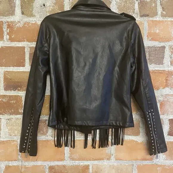 Coffee Bean Star Studded Faux Leather Fringe Black Moto Motorcycle Jacket Medium - Picture 10 of 13